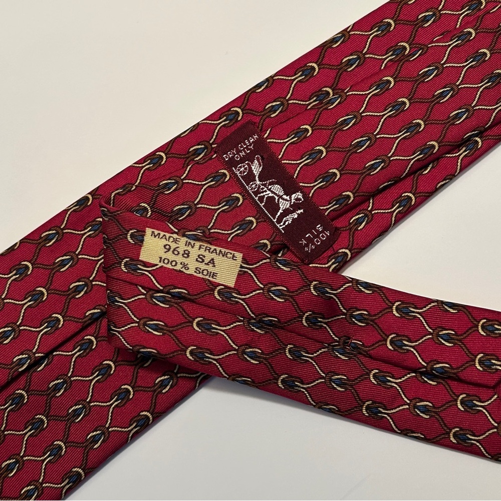 HERMES VINTAGE SILK ROPE & RINGS TIE GRIDS SQUARE BUCKLE RIDING FRANCE RED - Picture 8 of 9
